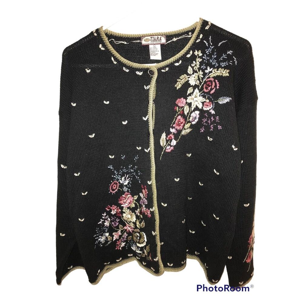 Tiara Vintage Floral Embroidered Button‎ Down Sweater Size Large Black Pink Blue